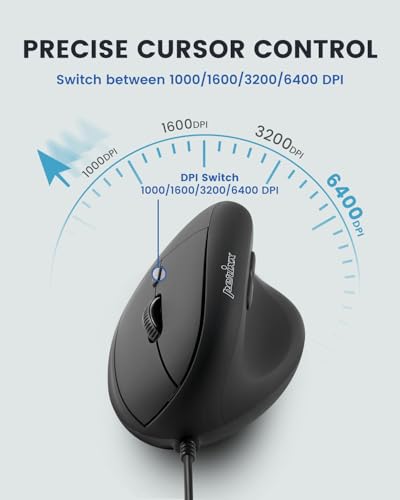 Perixx PERIMICE-508II Wired Vertical Ergonomic Mouse - 6 Buttons, Adjustable DPI 1000/1600/3200/6400, Optical Sensor, USB Plug and Play, Right-Handed, Black - style: Wired