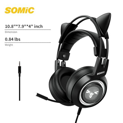 SOMIC Stereo Gaming Headset with Mic for PS4, PS5, Xbox One, PC, Mobile Phone, 3.5MM Sound Detachable Cat Ear Headphones Lightweight Self-Adjusting Over Ear Office Headphones G951S Black - color: Black