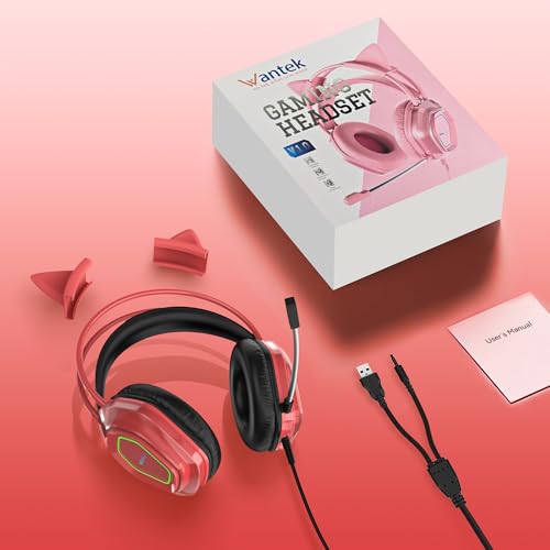 Wantek Cute Cat-Ear Gaming Headset - 50mm Drivers, Noise-Cancelling Mic, 3.5mm Wired Stylish & Lightweight Design (Red) - color: Red