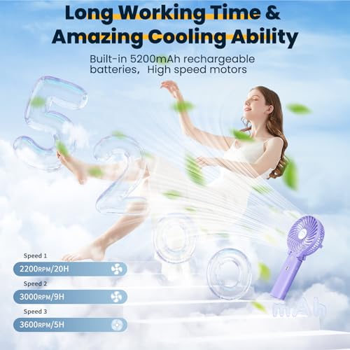 HandFan 5200mAh Handheld Fan Rechargeable, 20H Runtime Hand Fan, 3 Speeds Strong Airflow, Personal 180° Foldable Portable Fans for Travel/Summer/Concerts/Lash/Commute, Gifts for Women (Purple) - color: Clear‑Blade Purple