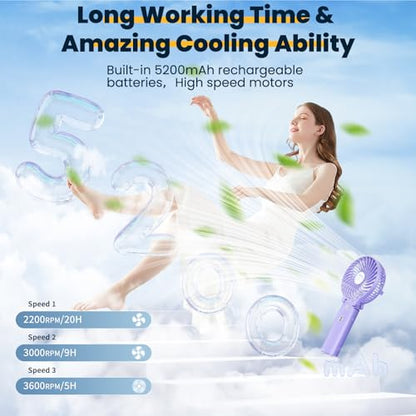 HandFan 5200mAh Handheld Fan Rechargeable, 20H Runtime Hand Fan, 3 Speeds Strong Airflow, Personal 180° Foldable Portable Fans for Travel/Summer/Concerts/Lash/Commute, Gifts for Women (Purple) - color: Clear‑Blade Purple