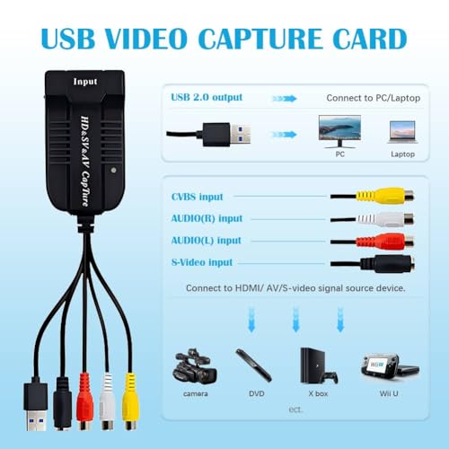 USB Video Capture Card HDMI/AV/RCA/S-Video to USB 2.0 Audio Video Capture Card Device 1080P HD 30fps for Live Streaming,Camcorder,Gaming,VCR,VHS,DVD,PS4,PS5