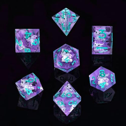 Double Layered Resin Dice Set 7pcs d4 d6 d8 d10 d12 d20 Dragon Pattern& Blue umbers Sharp Edged Polyhedral Dice Apply to D&D DNDRole Playing Game RPG Party Gift - color: Purplish Blue
