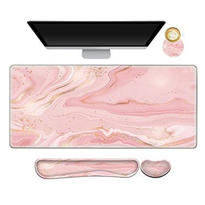 ARTSO Extended Gaming Mouse Pad Set, Keyboard Wrist Rest Support Pad + Wrist Cushion + XXL Large Mouse Pad + Coaster, Stitched Edge, Non-Slip, Memory Foam Desk Mat, Pink Gold Marble - color: Pink Gold Marble