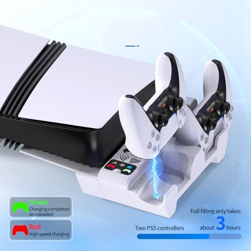Horizontal Cooling Stand for PS5 Pro/for PS5 Slim Disc & Digital,Charger for PlayStation 5 Controllers with 3-Level Cooling Fan,5 Pro Cooling Stand Horizontal