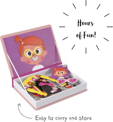 Janod MagnetiBook 66 pc Magnetic Girl Crazy Face Dress Up Game - Ages 3+ - Creative Play - Enhances Creativity and Learning - Includes 55 Magnetic Pieces and 10 Cards | Ideal for Kids Ages 3+ - Enhances Creativity and Learning - Fun Travel Activity - Incl
