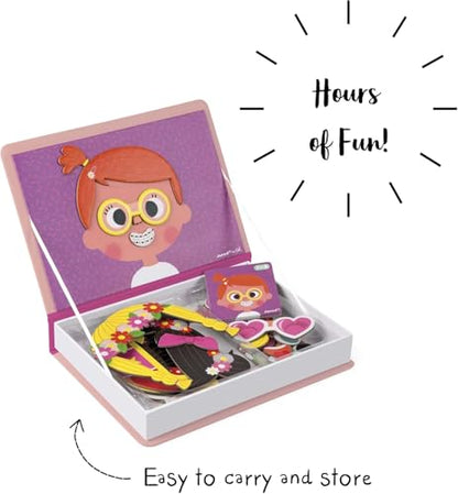 Janod MagnetiBook 66 pc Magnetic Girl Crazy Face Dress Up Game - Ages 3+ - Creative Play - Enhances Creativity and Learning - Includes 55 Magnetic Pieces and 10 Cards | Ideal for Kids Ages 3+ - Enhances Creativity and Learning - Fun Travel Activity - Incl