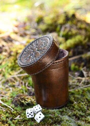 Ulfberth - Viking dice Cup with Embossed Motif - Genuine Leather - Medieval Leather Cup with Engraving (with lid, Vegvisir Embossing, Brown) - color: Vegvisir Brown