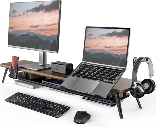Fenge 42.5-Inch Monitor Stand Riser with Laptop, Phone & Headphone Holders | 10° Adjustable Laptop Holder, 2-Tier Storage, Dual Monitor or Monitor-Laptop Setup, Ideal for Multitasking, Gaming, Streaming - color: brown