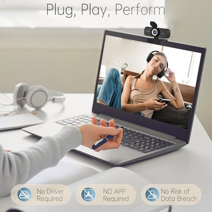 1080P HD Webcam with Noise-Canceling Mic, Auto Light Correction, Privacy Cover and Wide Angle Lens, Plug & Play USB Camera for Laptop/Desktop/PC/Mac, Compatible with Zoom/Skype/Teams/Streaming Black