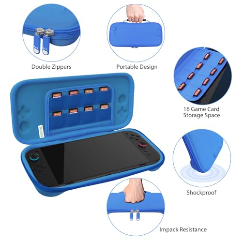 RAVEtone Travel Carrying Case Compatible with Nintendo Switch 2 Model 2025, Ultra Slim Premium EVA Portable Hard Shell Pouch Waterproof Game Bag with 16 Game Cartridge Accessories (Blue) - color: Blue, style: Slim