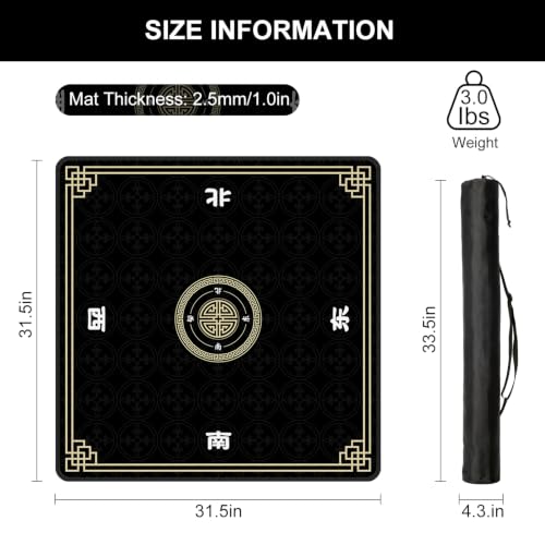 Mahjong Mat for Table, 31.5" x 31.5" Noise Reduction Non Slip Waterproof Mahjong Table Mat with Carrying Bag, Suitable for Mahjong, Poker, Board Games, Dominoes, and Card Games(Black) - color: Black