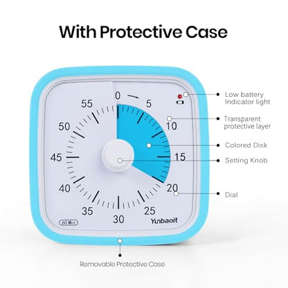 Visual Timer, Silent 60-min Countdown Timer for Kids, Blue Blue | Protective Case, Time Management Tool, Mute and Ringing Alarm Available, Low Power Reminder, for Study,Game,Work,Fitness etc - color: Blue Blue