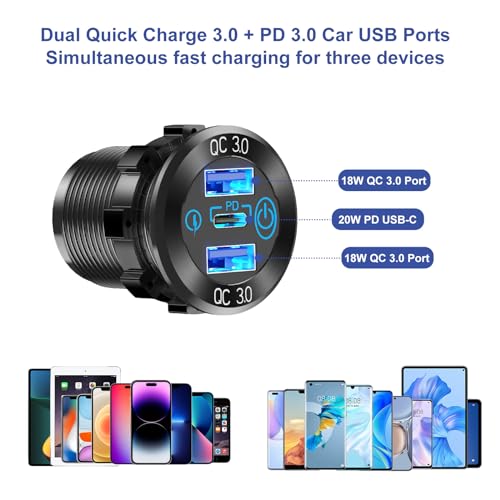 12V USB Outlet Marine Switch Panel 12 Volt Plug, PD3.0 & Dual Quick Charge 3.0 USB Ports Aluminum Car Charger with Power Switch, Waterproof 150W Cigarette Lighter Socket 2 in 1 DIY Kit for Boat RV ATV - color: Charger+Socket