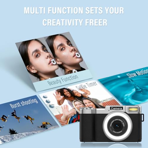 Yatao Digital Cameras for Photography and Vlogging, 4K 64MP Flip Screen, Use with LED Light, 64GB TF Card, Compact Photo WiFi Camera for YouTube Kit Travel, Beginners (Silver-Black)
