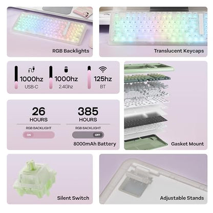 KiiBoom Phantom98 Lite 96% Wireless Mechanical Gaming Keyboard, VIA Programmable, Creamy Keyboard with Gasket, 8000mAh Battery, Hot Swap, RGB Backlits, NKRO for Win/Mac (Clear, Mossy Silent Switch) - color: Clear, size: Mossy Silent Switch