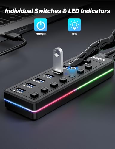 USB Hub with RGB LED Strip,7 Port USB Splitter for PC,Gaming | USB 3.0 Hub Data Transfer - Individual LED On/Off Switches for Laptop, PC, Mouse, Keyboard, Hard Drive - style: 7 PORT