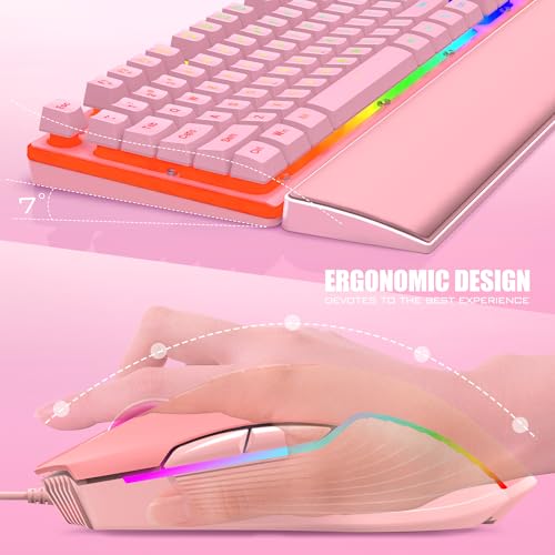RedThunder K10 Wired Gaming Keyboard and Mouse and Wrist Rest Combo, RGB Backlit, Mechanical Feel Anti-ghosting Keyboard + 7D 7200 DPI Mice+Soft Leather Wrist Rest 3 in 1 PC Gamer Accessories(Pink) - color: Pink