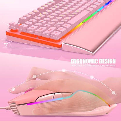 RedThunder K10 Wired Gaming Keyboard and Mouse and Wrist Rest Combo, RGB Backlit, Mechanical Feel Anti-ghosting Keyboard + 7D 7200 DPI Mice+Soft Leather Wrist Rest 3 in 1 PC Gamer Accessories(Pink) - color: Pink
