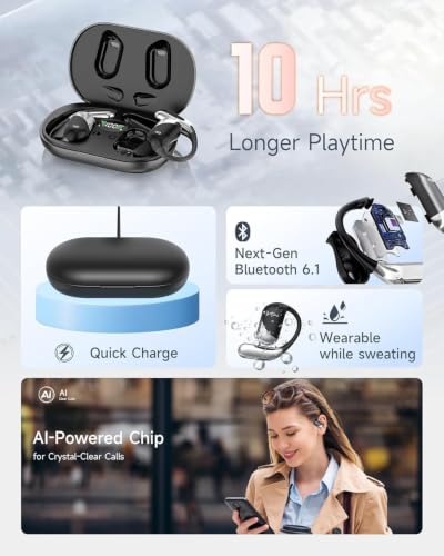 Ultra Open Ear Headphones, Over Ear Bluetooth Bone Conduction Earbuds | Bluetooth 6.1, LED Digital Display, 60H Playtime, IP55 Waterproof, Secure Earhooks for Running, Cycling & Workout - color: Obsidian Silver Black