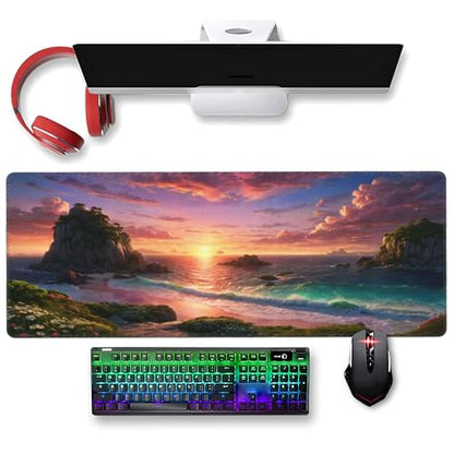 XXL Gaming Mouse Pad 35.4x15.7 inch,Quiet Ocean Sea Landscape Theme Desk Mat,Large Rock Wave Sunset Scene Mousepad (Quiet sea) - color: Quiet sea