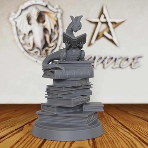 AUSPDICE Reading Dragon Miniature for Tabletop RPGs, 32mm DND Minis AS20 | Unpainted Resin Book Dragon on Stacked Tomes for DND, Dungeon Masters, Fantasy Collectors, Tabletop Gamers and RPG Gifts