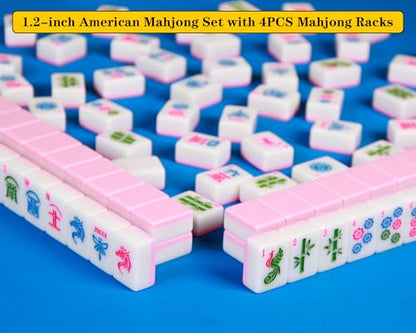 Pink American Mahjong Game Set 166 Mahjong Tile Set 1.2-inch American Mahjong Tile Set with 4PCS Mahjong Racks with Pushers