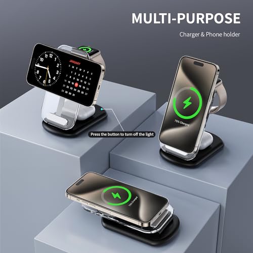 2026 Traveling Wireless Mag-Safe Fast Charging Station,Magnetic 3 in 1 Charger with Light for iPhone 17 16 15 14 13 12 Pro Max Plus,Apple Watch & Air pods 4 3 2 Pro-Gifts for Wife & Husband(Black) - color: Black