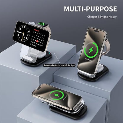 2026 Traveling Wireless Mag-Safe Fast Charging Station,Magnetic 3 in 1 Charger with Light for iPhone 17 16 15 14 13 12 Pro Max Plus,Apple Watch & Air pods 4 3 2 Pro-Gifts for Wife & Husband(Black) - color: Black