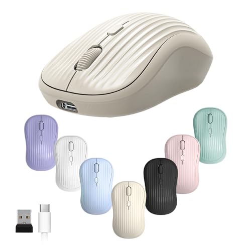 ONE-UP Wireless Mouse, 2.4G + Bluetooth, Rechargeable Battery, 4-Key, DPI: 800/1200/1600, Silent, Type-C, USB Nano Receiver, Ergonomic, Portable, for Laptop, Chromebook, PC, Mac, Windows (Beige) - color: beige