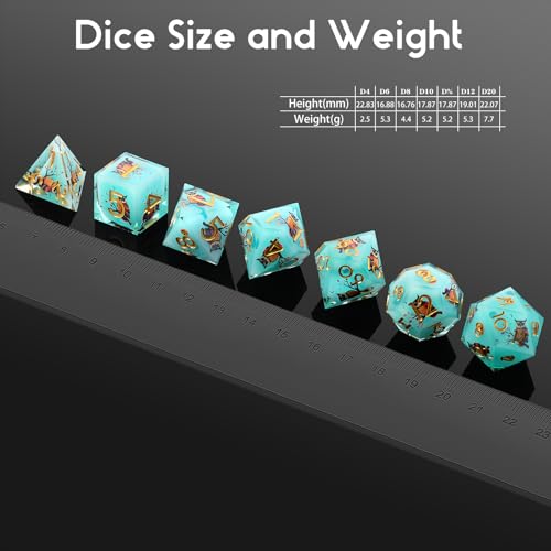 DNDND Owl Aqua Blue Translucent Resin Dice Set - 7-Piece Sharp Edge RPG Dice for D&D with Stickers, Handcrafted Premium Metal Case Gift - color: Owl