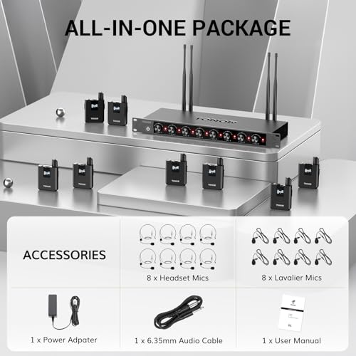 TONOR Wireless Microphones System with 8x12 Channels Headset/Lavalier Lapel Mics, Bodypack Transmitter, Receiver, 90 m/295ft UHF Range for Church Conference Performance Singing Karaoke PA Speaker - style: 8 Bodypack Mics