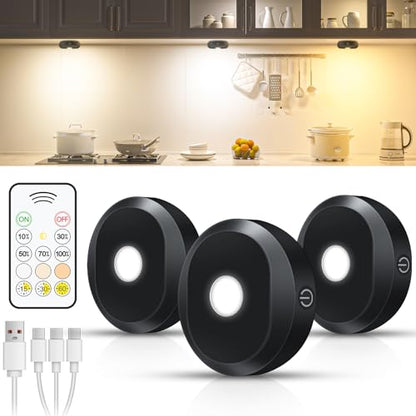 WILLED Puck Lights with Remote Control,3 Colors Under Cabinet Lighting Wireless,Rechargeable Battery LED Tap Light,Timer Function Stick On Lights for Kitchen,Cabinet,Counter,Closet, Shelf,3 Pack - color: 3000K/4500K/6000K