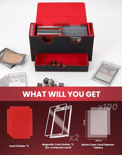 MRAUF MTG Deck Box with Double Commander Display and Dice Tray, Fits 200+ Double Sleeved Cards, Card Storage Box Plus 2 Magnetic Holders& 100Pcs Card Sleeves (Black& Red) - color: Black& Red