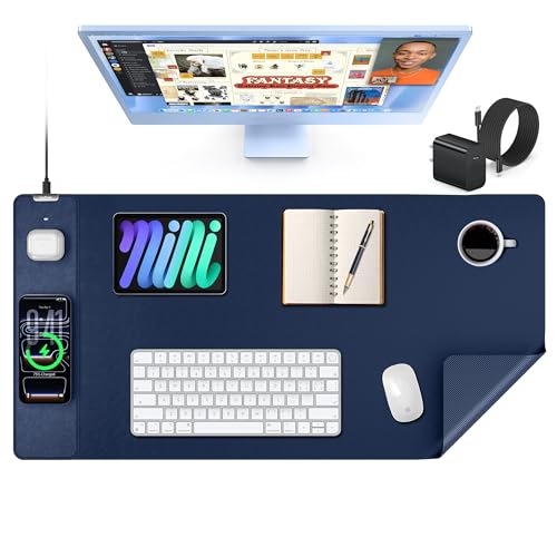 TopMade Mouse Pad with 15W Wireless Charging, XXL Large Leather Desk Mat, Waterproof Gaming Mousepad Home Office Desk Pad Protector, Blue (Includes 20W PD Power Adapter & 6.56ft Woven Cable) - color: Blue With Adapter