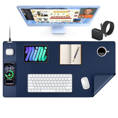 TopMade Mouse Pad with 15W Wireless Charging, XXL Large Leather Desk Mat, Waterproof Gaming Mousepad Home Office Desk Pad Protector, Blue (Includes 20W PD Power Adapter & 6.56ft Woven Cable) - color: Blue With Adapter