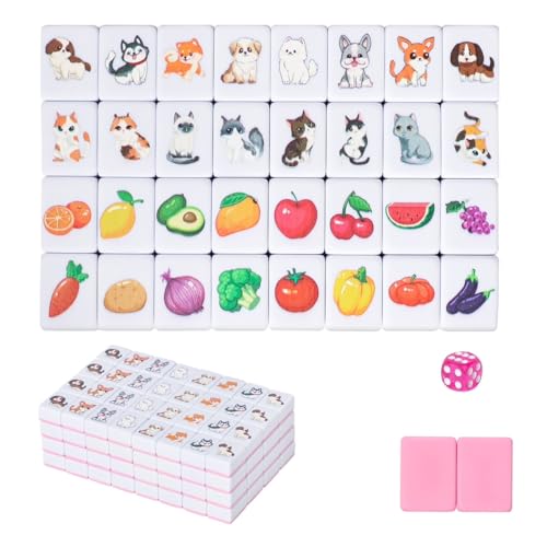 GRACIAS 4 Players Mahjong Block Set, 128 Pink Tiles(1.18”) with Animal and Food Pattern, Portable Mahjong Set with A Carry Bag, Mahjong Tile Game - color: Pink