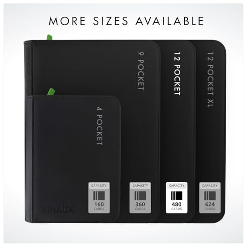 Vault X 12 Pocket Zip Trading Card Binder 480 Cards Exo-Tec (Black) | Holds 480 standard-size TCG cards in 20 side-loading 12-pocket pages. Padded, water-resistant Exo-Tec cover. - color: Black, size: 12 Pocket