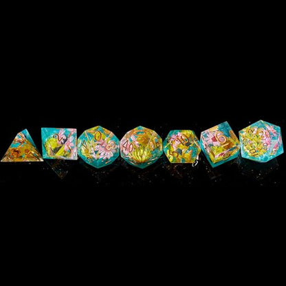 FugaCity Dice Set,Handmade Sharp Edge 7 Piece Resin Dice-Dungeon&Dragons Polyhedral Dice Set, D&D Dice Set with Gift Dice Case for RPG MTG Table Games - color: B-yellow Flower