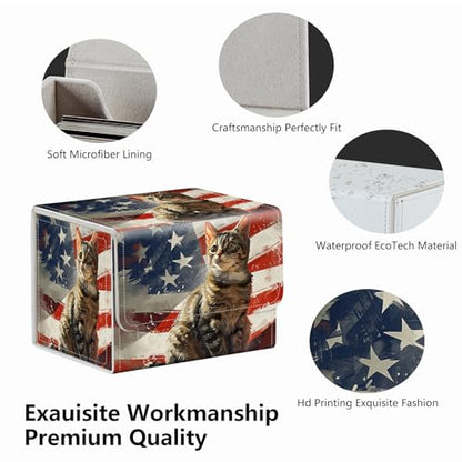 Strong Magnet Card Case Deck Box Mtg Card Box Playing Card Box Magic Deck Box Tcg Up to 200 Cards Creative Pattern Trading Card Storage Box for Collectible Card Games, Cute Cat And American Flag - color: Cute Cat And American Flag