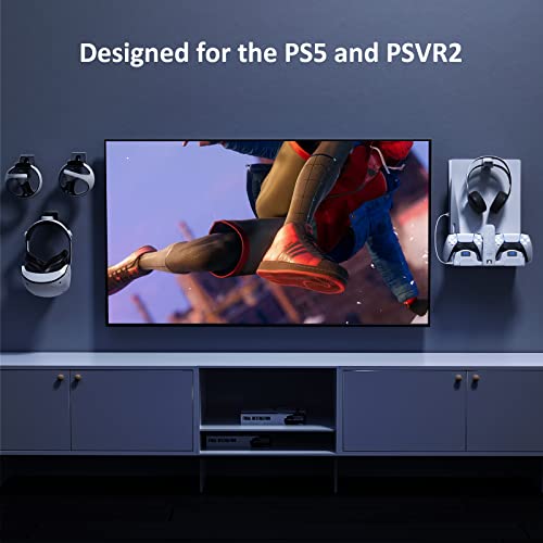 NexiGo PS5 (All Versions) and PSVR2 Wall Mount Kit with Charging Station, Controller Holder, and Headphone Hanger - Metal Wall Hanging Charger Stand for PlayStation 5 Console/Slim (Disc & Digital)