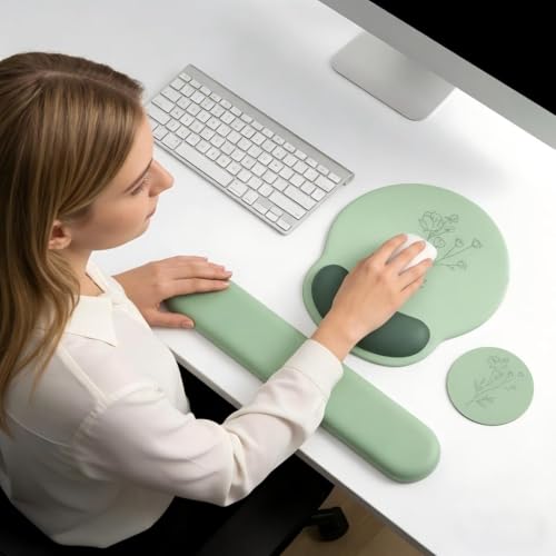 Mouse Pad with Keyboard Wrist Rest,Ergonomic Mouse Pad Wrist Support PU Base with Coaster,Mousepad with Nonslip Base for Computer Laptop Keyboard Home&Office - color: K-Green Plants
