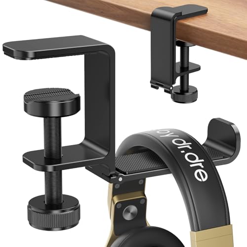 Headphone Hanger Holder Stand -Under Desk Headphone Hanger， Headset Hook Holder with Foldable，Space-Saving Aluminum Stand with Universal Fit for Gaming PC Accessories (Black-1PCS)