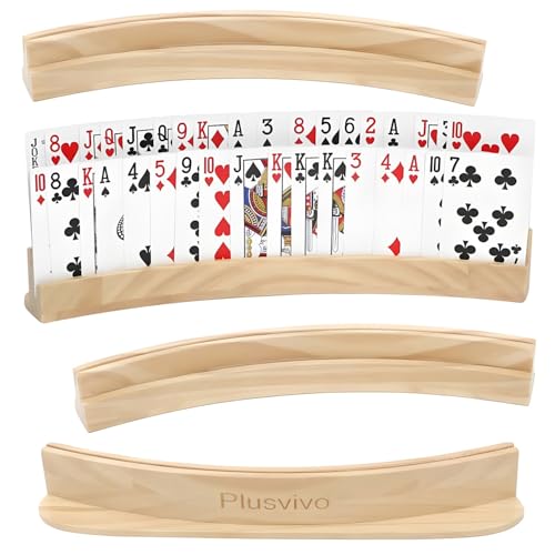 plusvivo Set of 4 Curved Playing Cards Holders for Seniors Adults - Soild Wood Cards Holders for Playing Cards 13 x 1.9 x 2.4 Inch for Bridge Canasta Strategy Foot and Hand