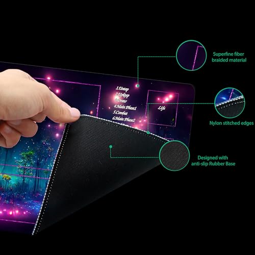 MTG Playmat with Storage Tube & 7-Dice Set - Waterproof TCG Playmat with Stitched Edges, Non-Slip Rubber Card Game Mat (24"x14") (playmat with Zones, Purple fluorescence2) - color: Purple Fluorescence2, style: playmat with zones