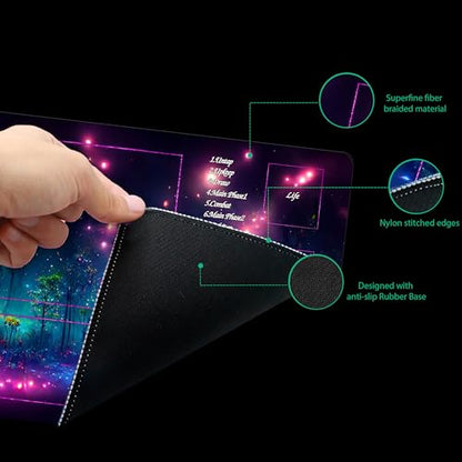 MTG Playmat with Storage Tube & 7-Dice Set - Waterproof TCG Playmat with Stitched Edges, Non-Slip Rubber Card Game Mat (24"x14") (playmat with Zones, Purple fluorescence2) - color: Purple Fluorescence2, style: playmat with zones