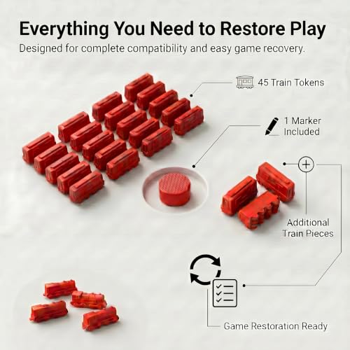 Replacement Train Pieces Compatible with Ticket to Ride (Red) | Includes 45 standard train tokens, one marker and additional spare trains. - color: Red