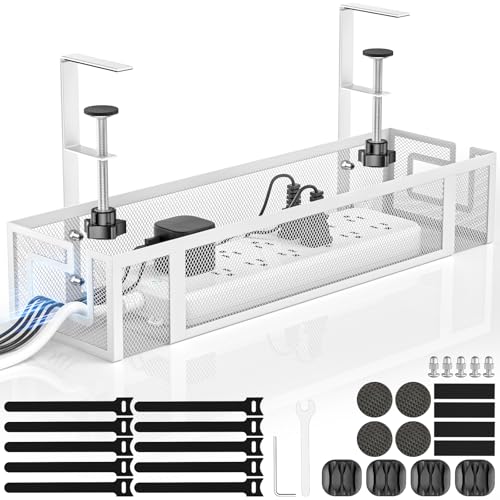 Under Desk Cable Management Tray, 15.75" No Drill Cable Management White, | Heavy Duty Metal Cord Organizer for Standing/Gaming Desk, Cable Management Under Desk Tray for Home and Office - color: White-1 pack