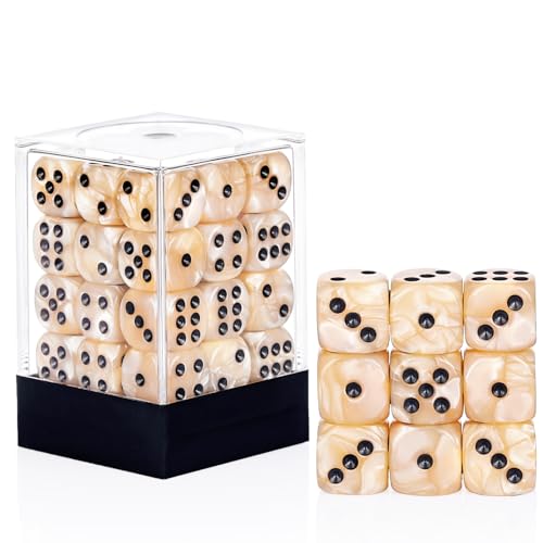 36 Pieces 12mm 6 Sided Mini Dice Set,Pearl Pattern D6 Game Dice Set,6 Sided Standard Game Dice for Board Games Dice Games Classroom Teaching Dices Game,with Portable Gaming Box(Beige) - color: D6-beige Pearl