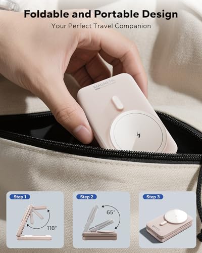 KPON Foldable 3in1 Charging Station for Magsafe, Travel Phone and Watch Charger for Apple Devices, Wireless Charging Dock for iPhone 17 16 15 14 13 12 Series/Apple Watch/Airpods - color: Pink